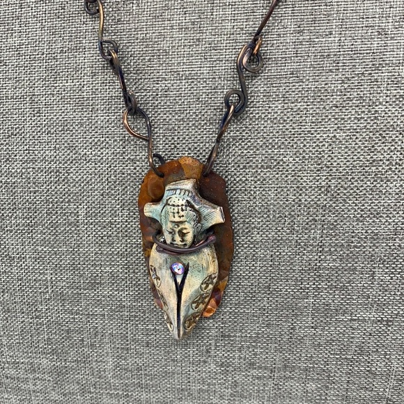 Handmade Jewelry - Buddha necklace copper polymer clay handmade chain